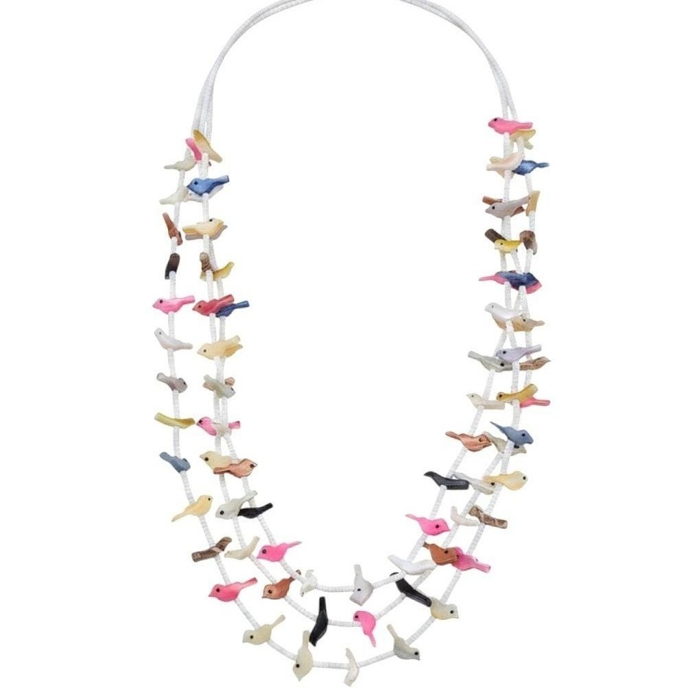 Vintage 70s Zuni Fetish Necklace Three Strand Heishi Bird‎ Sterling Silver